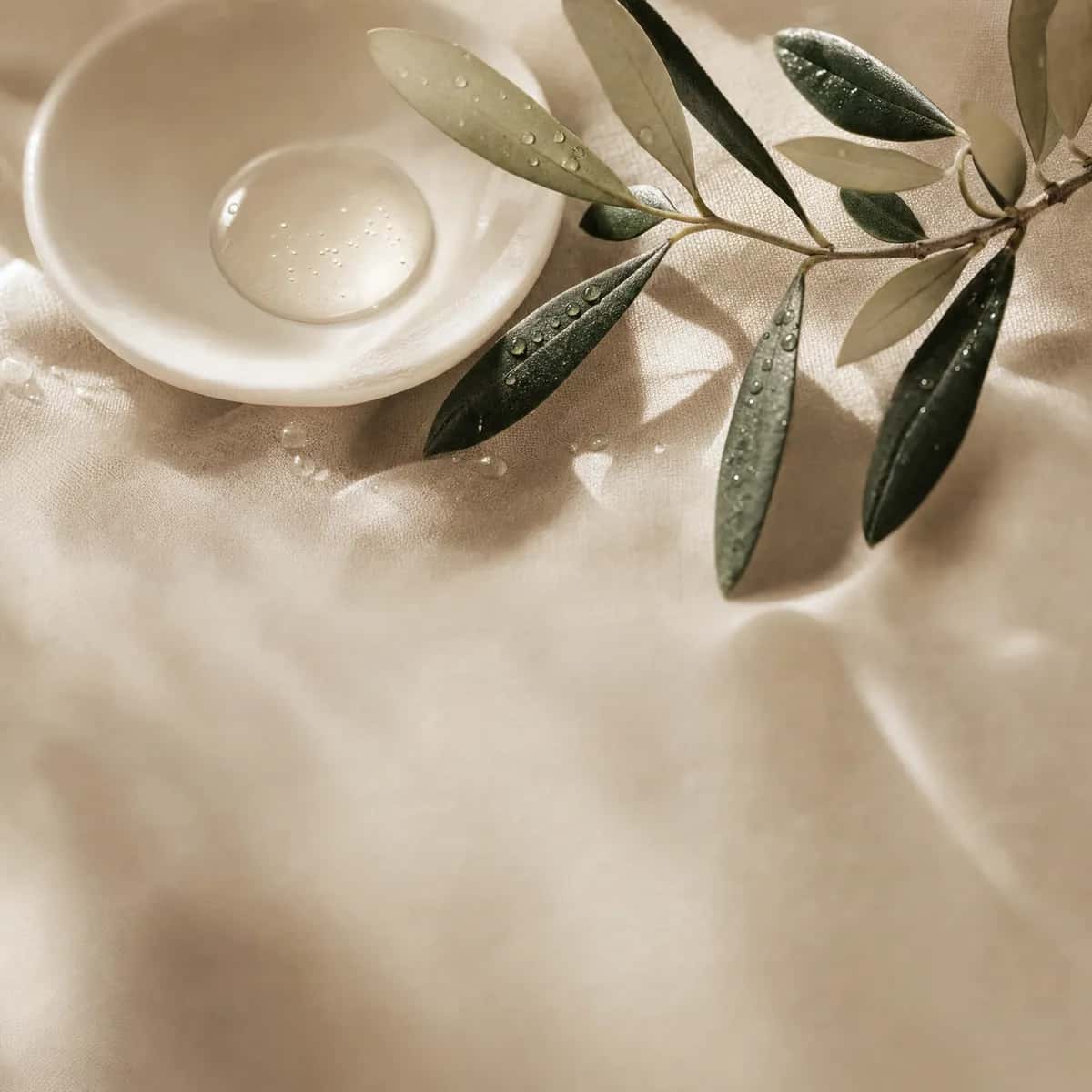 New Korean beauty arrivals — a glossy serum droplet in a ceramic dish beside a dewy olive branch on ivory linen