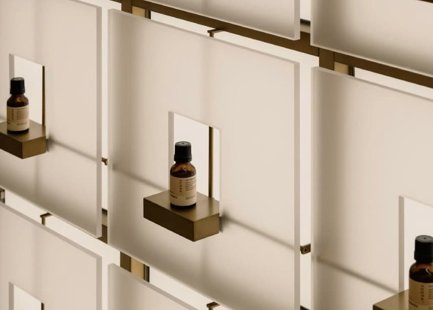 Amber dropper bottles on brass-and-acrylic apothecary shelves