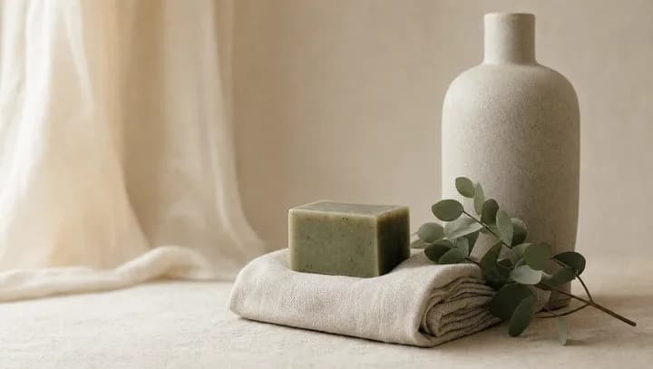 Korean body care — botanical soap, linen and eucalyptus in a bath ritual