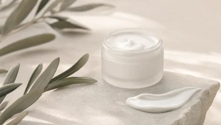 Korean dermo-cosmetics — a frosted glass jar and cream swatch on cool stone