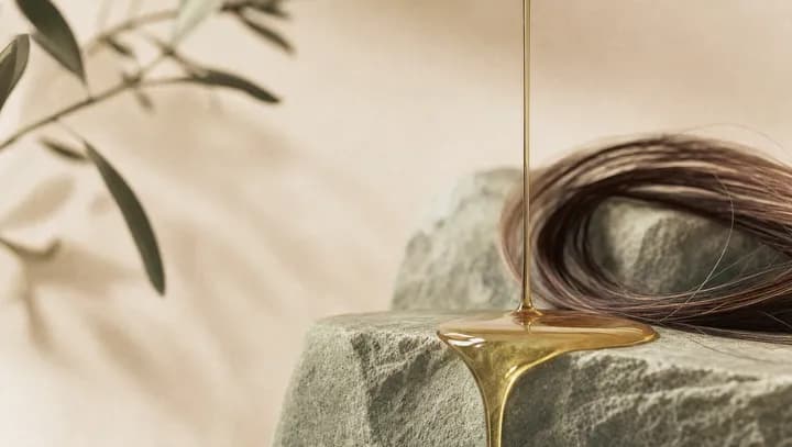 Korean hair care — amber hair oil ribboning over a matte surface