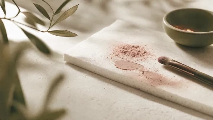 Korean makeup — cream blush and loose powder with a brush on stone