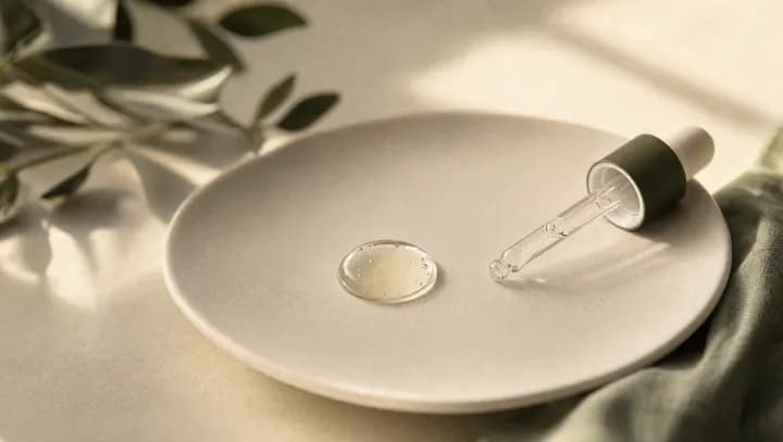 Korean skincare — a clear serum droplet and glass dropper on a ceramic dish